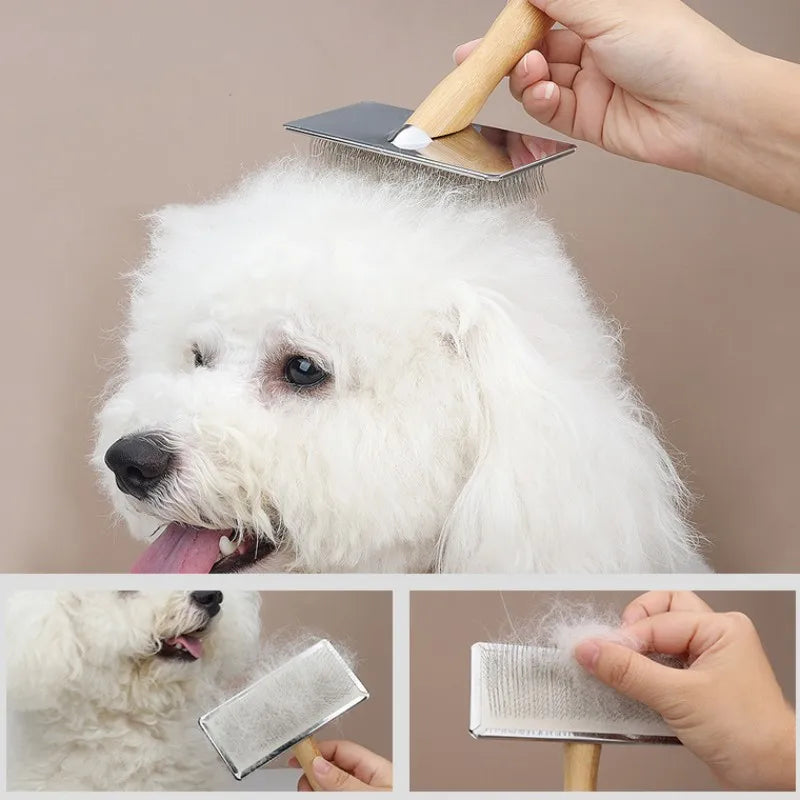 Solid wood dog brush for removing pet hair