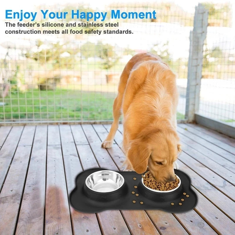 Non-slip Double Dog Bowl With Silicone Mat