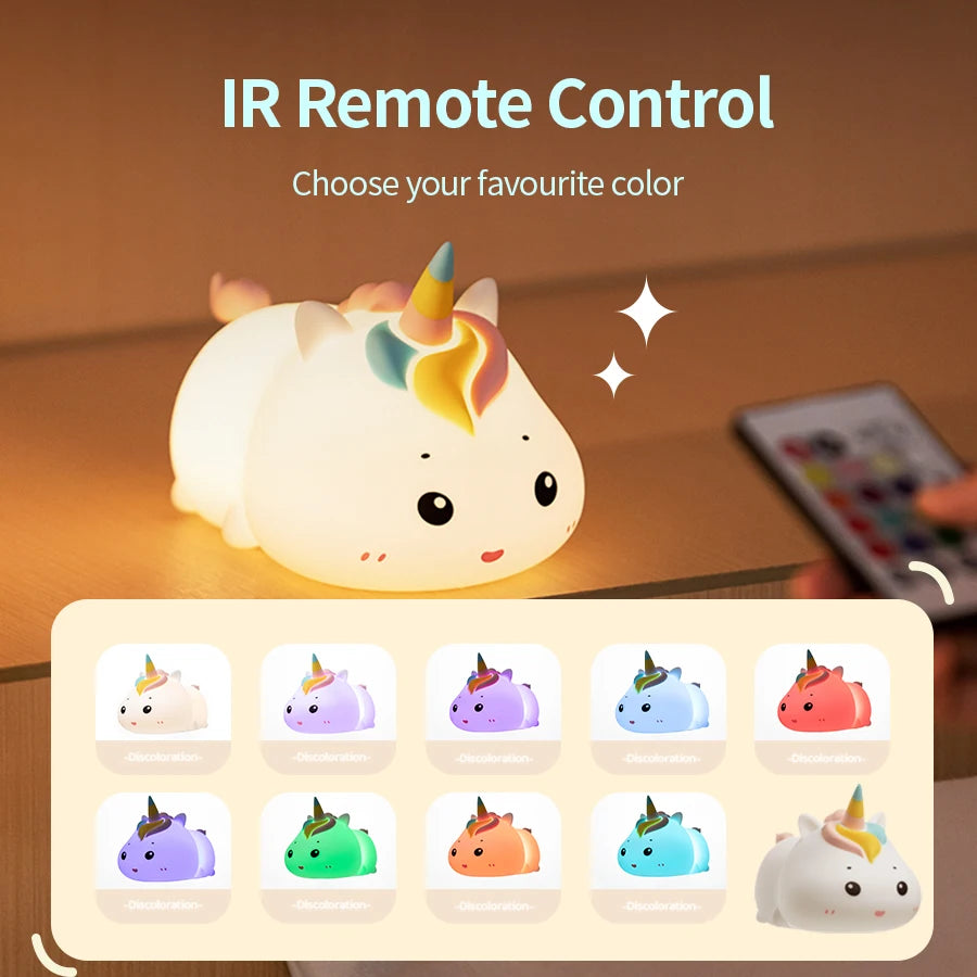 LED Silicone Unicorn Night Lamp with Remote Control for Bedside Table